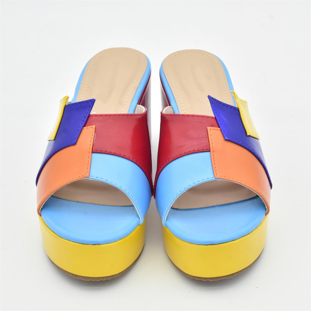 Women's Rainbow Patchwork Slip-On Chunky Heel Sandals