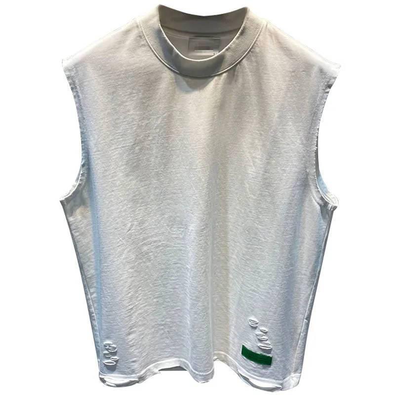 Summer Ripped Hole O Neck Men Tank Top Fashion Personality Casual Oversized T Shirt Clothing Sports Daily Street Black White