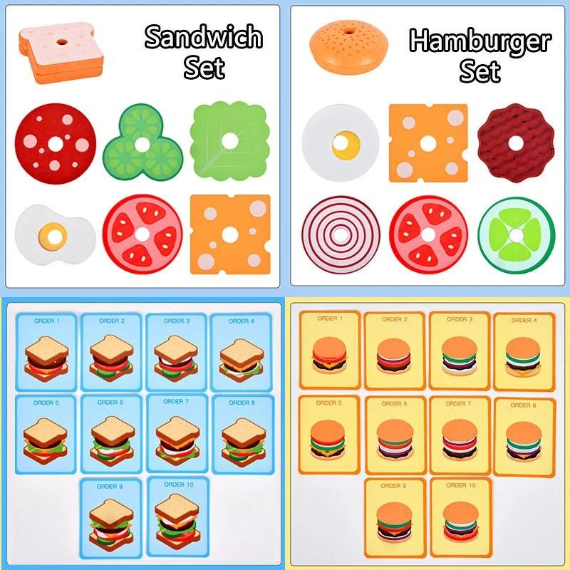 Children's Wooden Simulation Fast Food Burger Fries Sandwich Toy Kitchen Playset Assembly Educational Food Cutting Toy