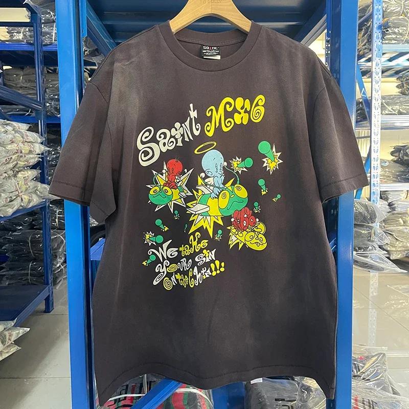 2025 Summer High Quality Cotton Classic Logo Graphics Print Saint Tshirt Unisex Unisex Vintage Washed Black T Shirt Loose Tee