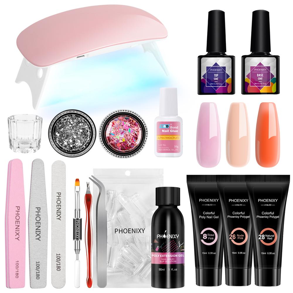 💰PHOENIXY Acrylic Manicure Kit 15ml Poly Nail Gel With Nail Dryer Lamp