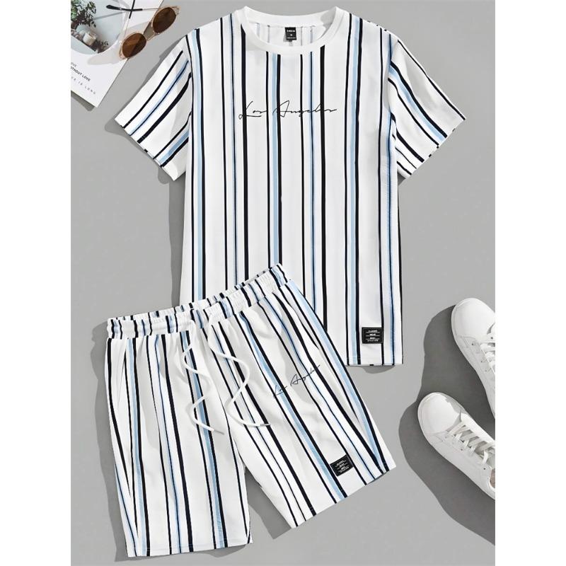3D Striped Printed Men's Set Summer Casual Everyday Men's Short Sleeve T-shirt Urban Street Men's Fashionable Beach Shorts