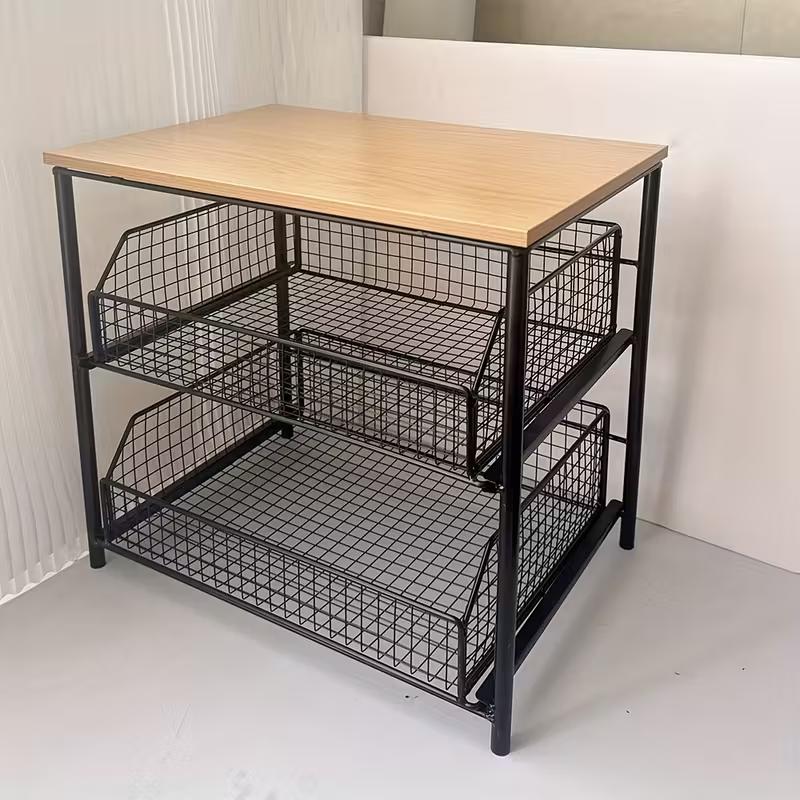 1pc Space-Saving Kitchen Countertop Organizer with Drawer and Metal Basket - Sturdy Solid Wood and Metal Multi-Layer Storage