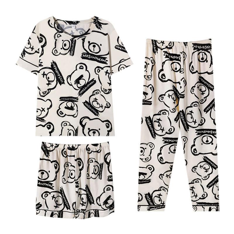 Women's Loose Summer Cartoon Pajama Set: Cute Short Sleeve Top & Long Pants for Spring/Autumn