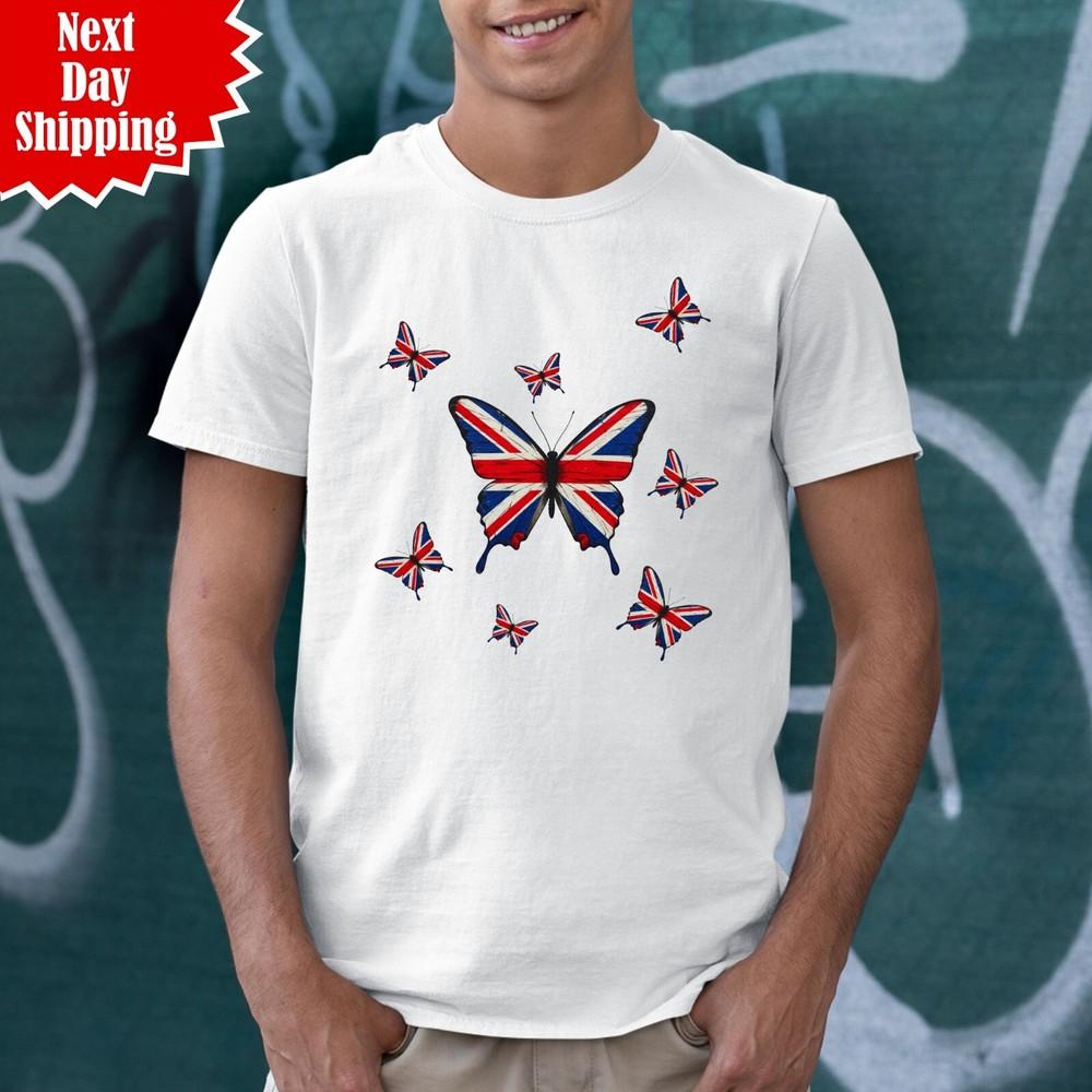 

VE Day 80th Anniversary T-Shirt Union Jack Butterfly Print Remembrance WWII Top 4XL