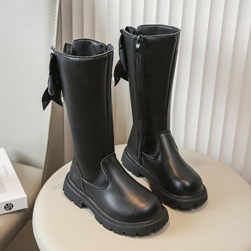 2024 Autumn/Winter New Style Girls Black Fashion Long Boots - Little Girl Bow Korean Version High Leather Boots