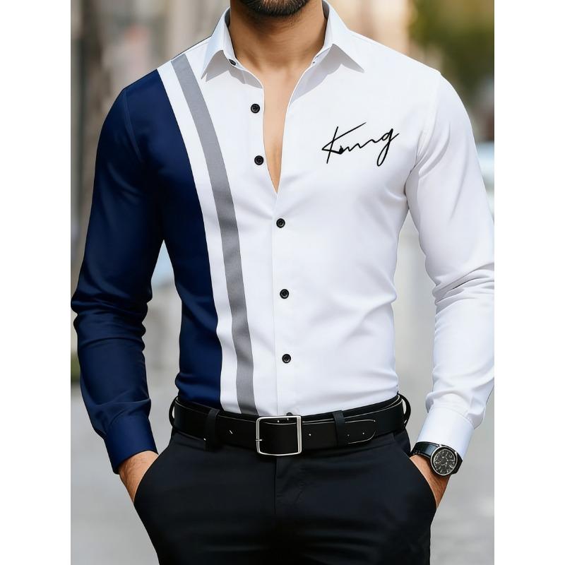 [Men s Striped Shirt] Men s Casual Shirt - Striped Long Sleeve Single-Breasted for Fall S