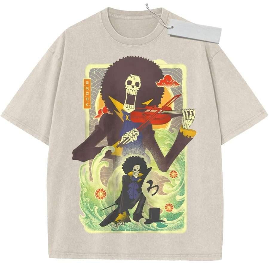 

Unisex Green Washed Vintage T Shirt One Piece Brook Pirate Musician Floral Waves Japanese Style High Quality Fabric M