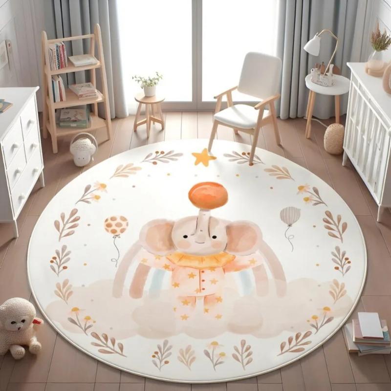 Cute Forest Animals Round Carpet Fox Rabbit Nursery Rug Kids Playroom Floor Mat Bedroom Living Room Washable Baby Activity Mat
