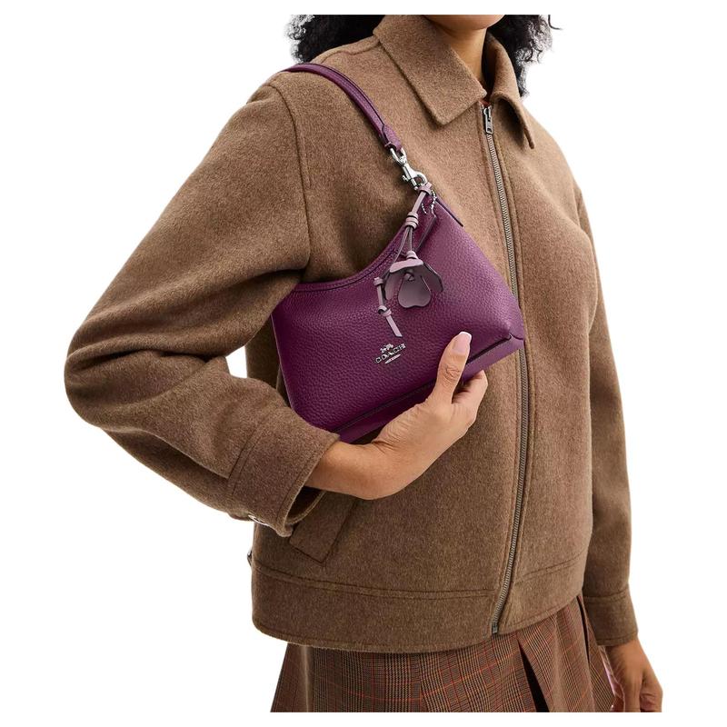 Coach Laurel 19 Brand Logo Flower Pendant Soft Pebble Leather Hand Shoulder Bag Small Women's Plum Color
