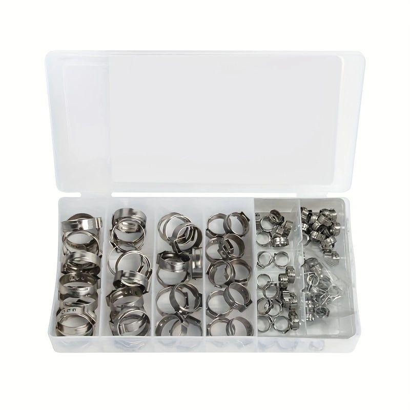 130pcs Single Ear Stepless Hose Clamps +1PC Hose Clip Clamp Pliers 7-21mm 304 Stainless Steel Hose Clamps Cinch Clamp Rings