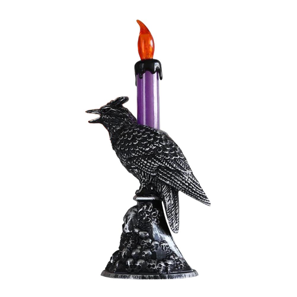 Schwarze Krähenstatue Leuchtender Kerzenständer LED-Kerzen Batteriebetriebene Kerzen Halloween Heimdekorationen Tischlampe