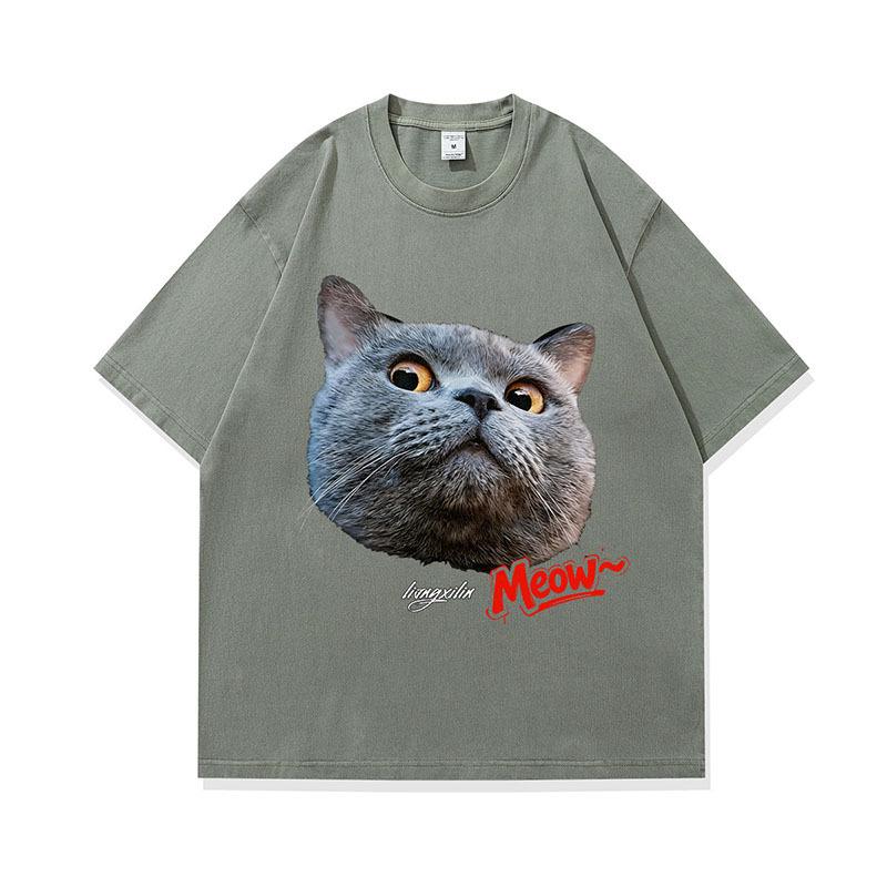 Men'S T-Shirt Street Retro Cat Digital Direct Injection Printing Pod Custom Cotton Washed Short-Sleeved T-Shirt Men