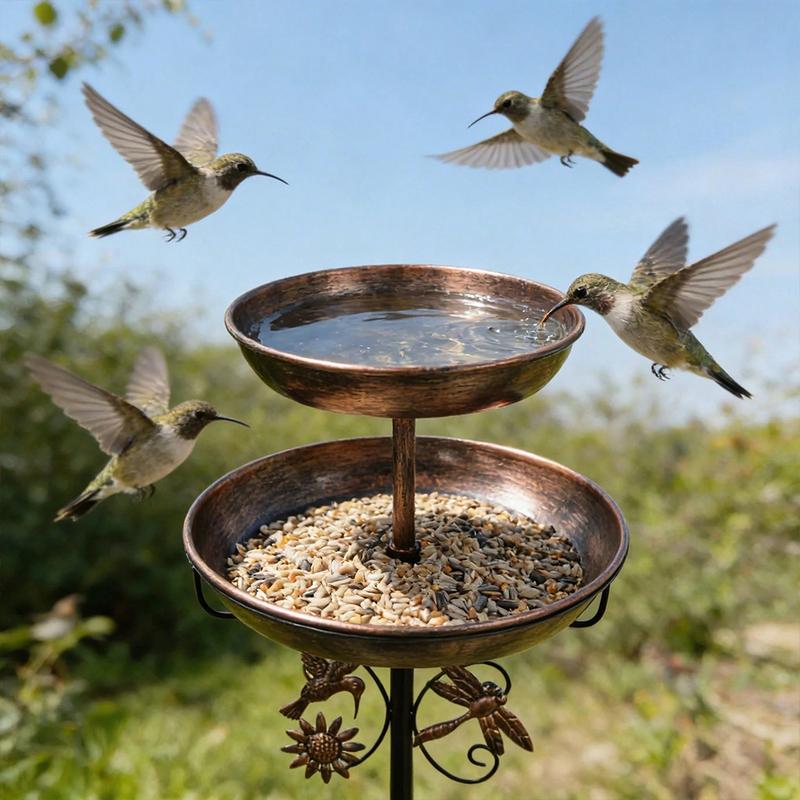1Pc Vintage 2-Tier Iron Bird Bath & Feeder Combo – Rust-Proof 5-Claw Ground Stake, All-Weather Outdoor Garden Decor for Hummingbirds & Sparrows