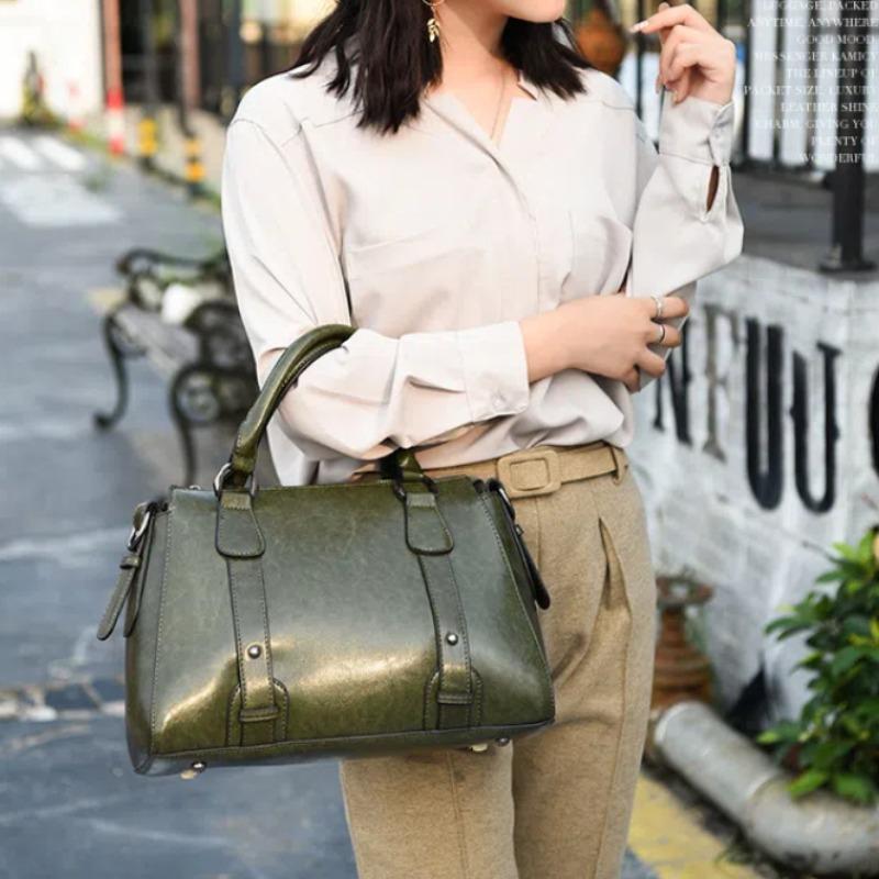 Genuine Leather Women Shoulder Cross Body Handbag Top Handle Bag Casual Designer Female Oil Wax Cowhide Messenger Tote Bag