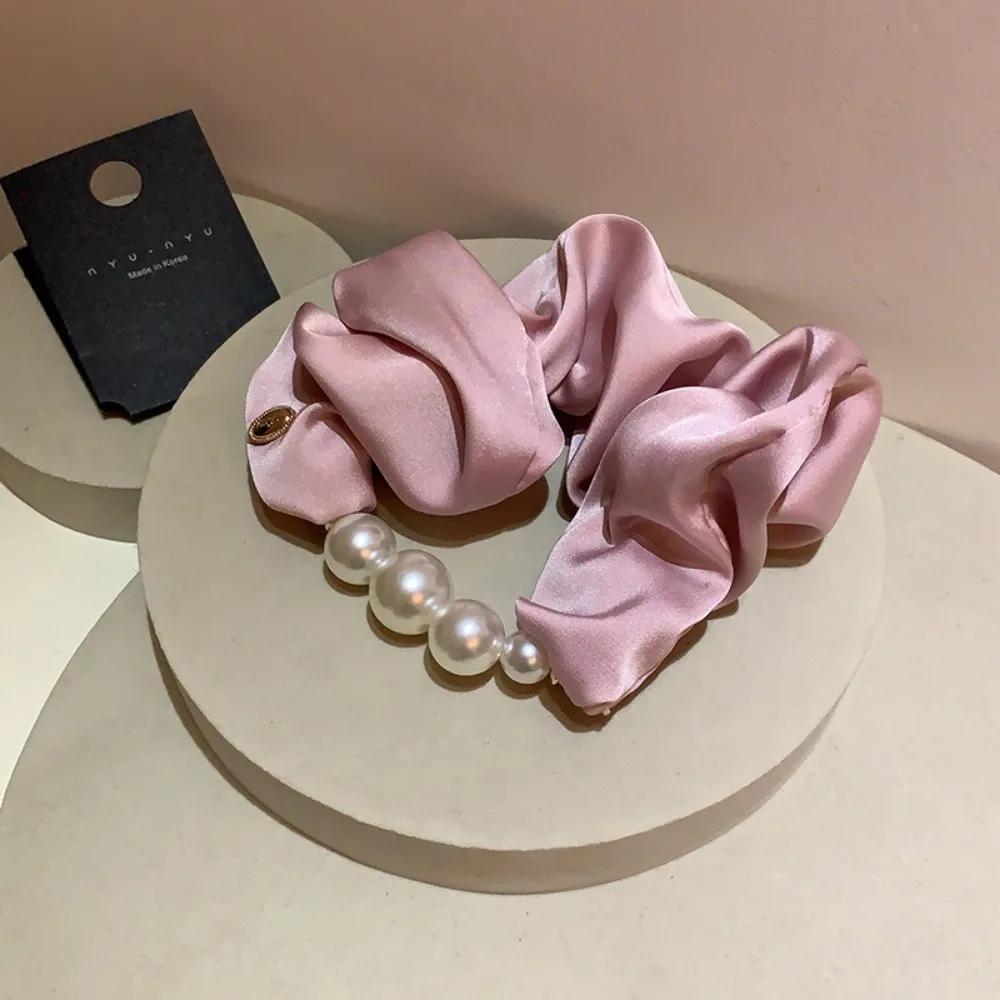 Cream Sea Blue Satin Pearl Border Large Intestine Headband Temperament Gentle Low Ponytail High-end Feeling Travel Rubber Band