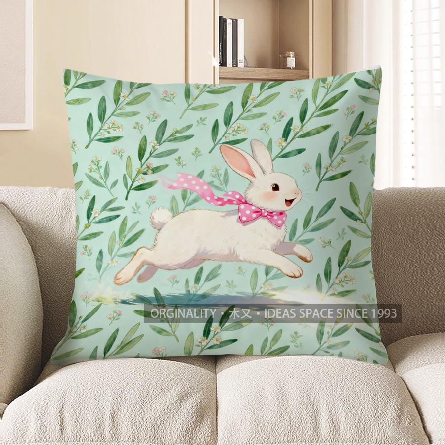 2D Running Bunny With Floral Greenery Pillow Cover Pattern Cushion Cover Suitable For Sofa Bedroom Car Pillow Cover 40x40cm