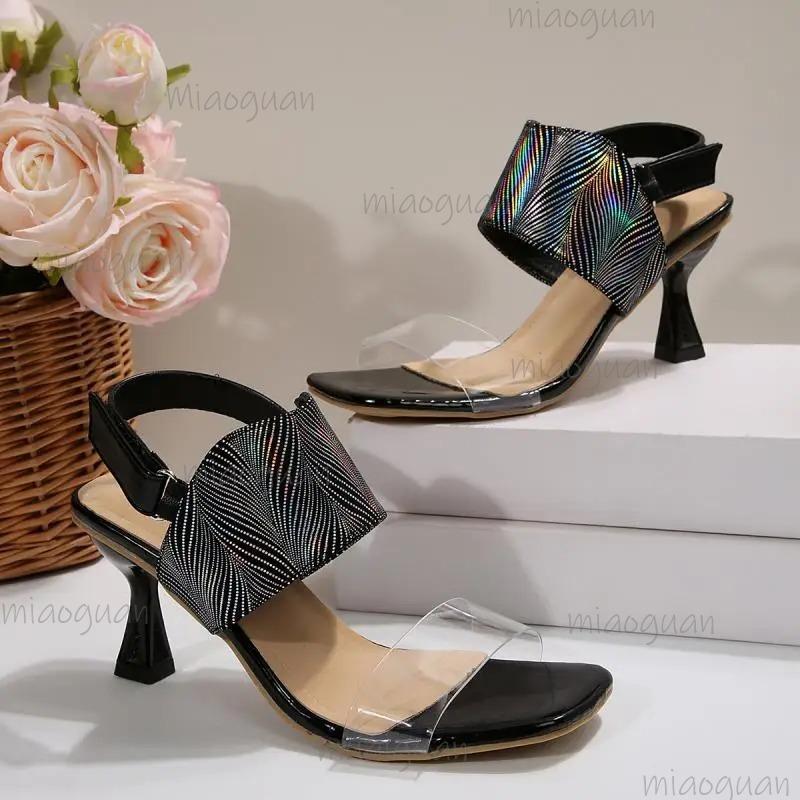 Fashion Fashion Design Transparent Pvc Strap High Heel Sandals Women Summer Square Toe Ankle Strap Sandals Sexy Laser Stripe Party Shoes