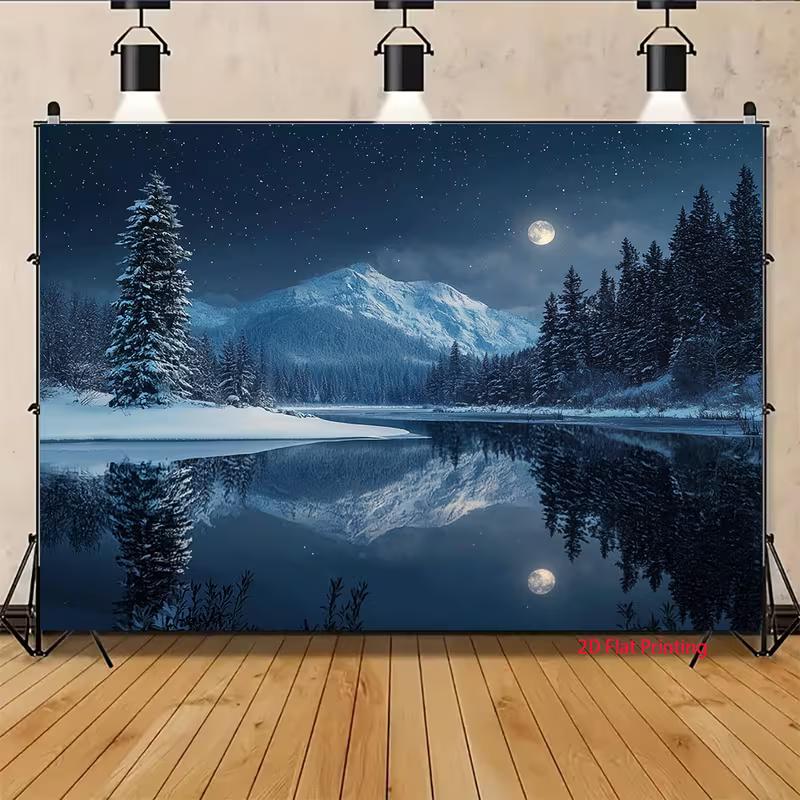 2D Night Winter Landscape with Moon & Stars Live Stream Background Cloth for Vlog