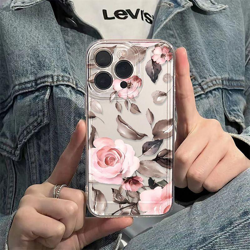 Pink Flower for iPhone17promax Space Phone Case Apple 16 Transparent 14/13 Fine Hole 15