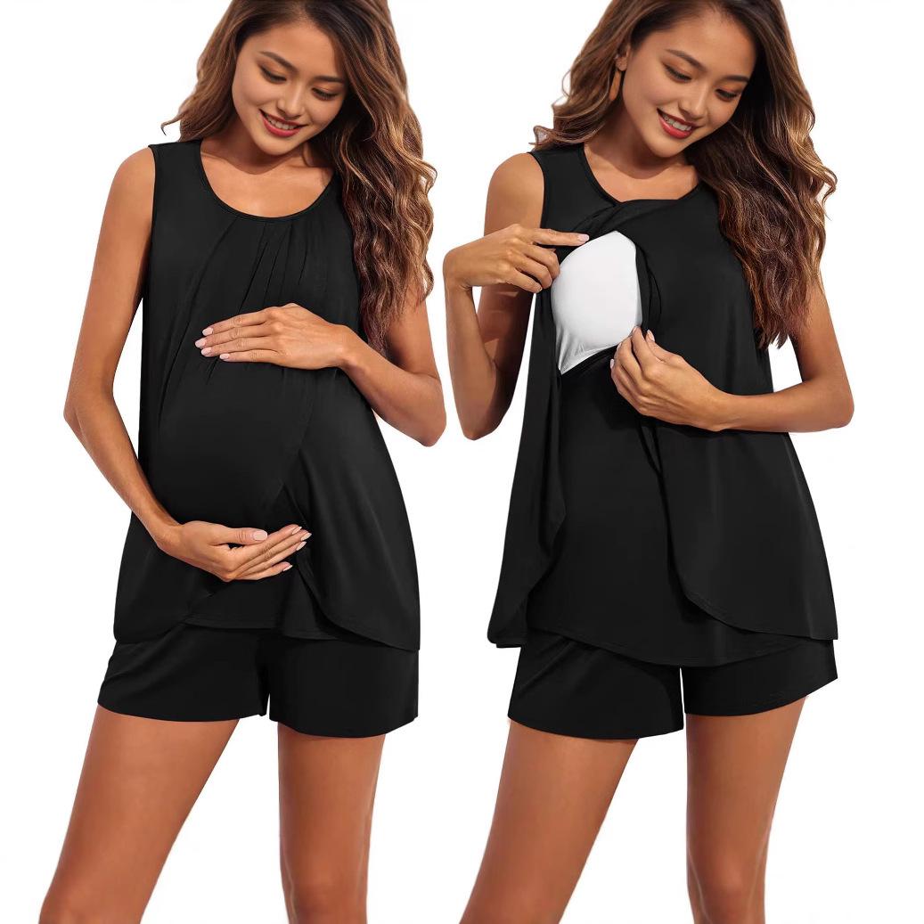 European & American Summer Maternity Set: Round Neck, Slit Short Sleeve, and Short Pants (2026) L