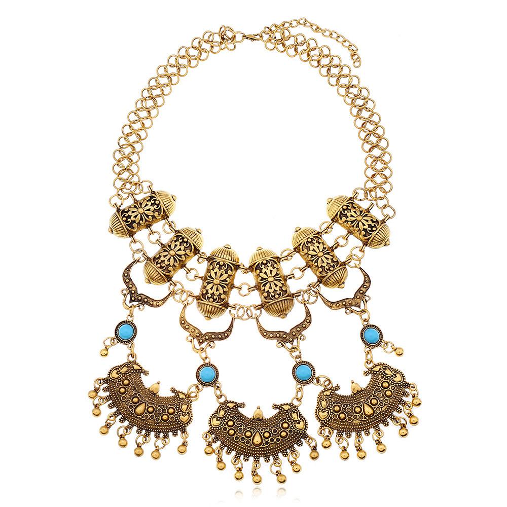 Ethnic Style Carved Flower Design Simulation Gemstone Decoration Women Necklace For Casual Boho Look