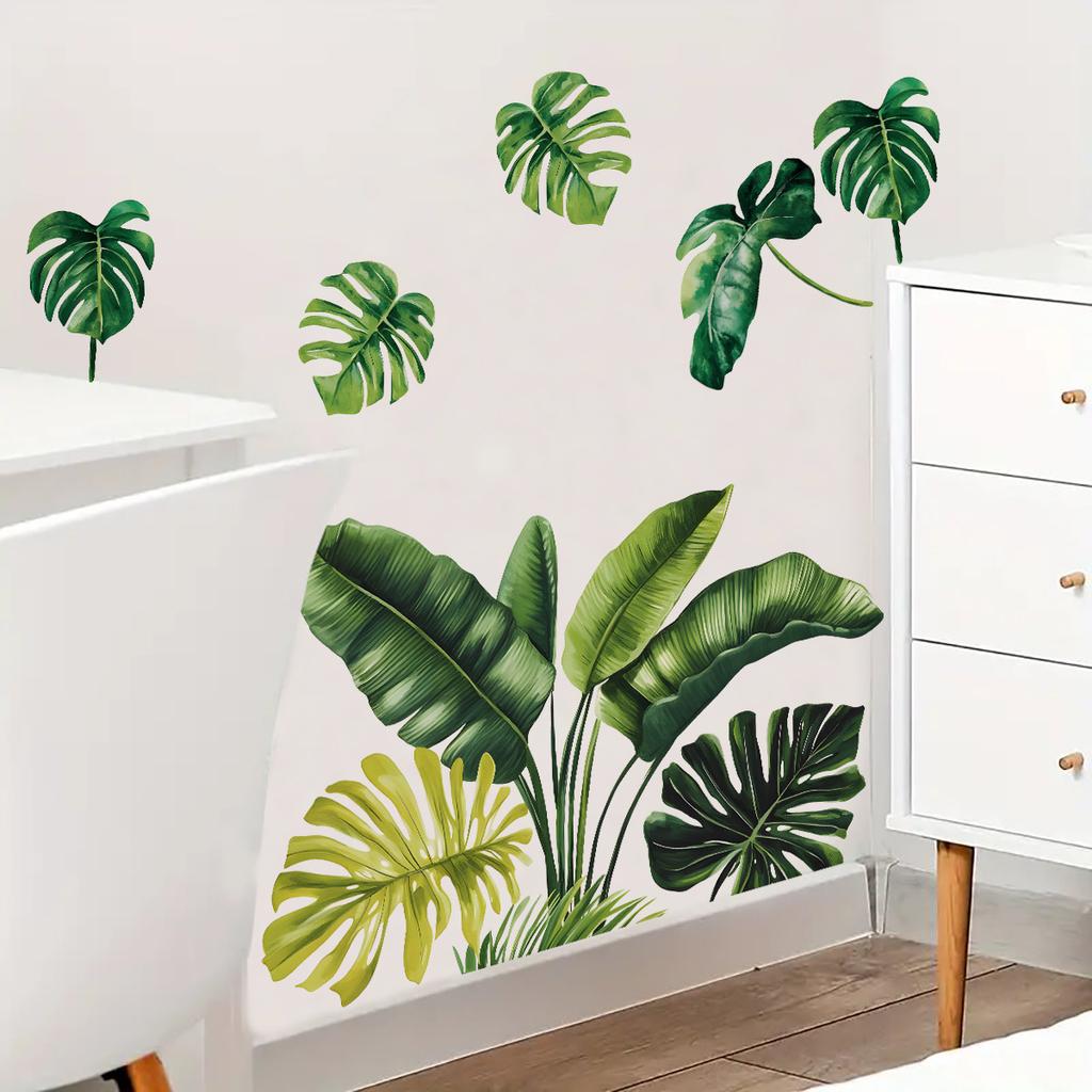 Tropical Green Plant Leaf Butterfly Wall Sticker Self-Adhesive Home Decor for Living Room Bedroom Entrance Decoration