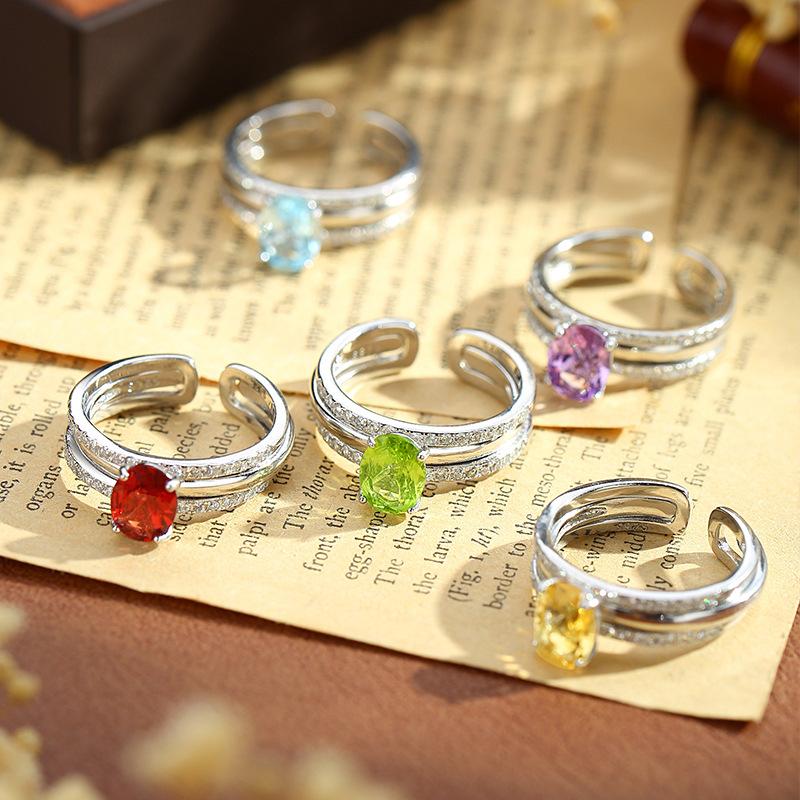S925 Sterling Silver 2-in-1 Couple Ring, Natural Crystal Topaz Adjustable Band, Luxury INS Style Minimalist Jewelry, Gift for Lovers
