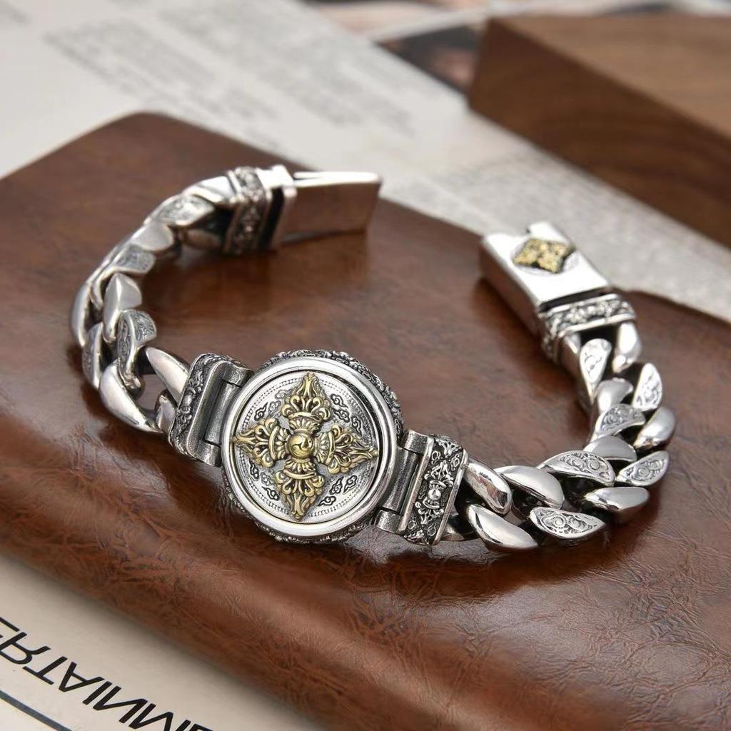 Vajra Silver-Plated Rotatable Bracelet: Ethnic Style with Retro Charm and Trendy Personality for Men