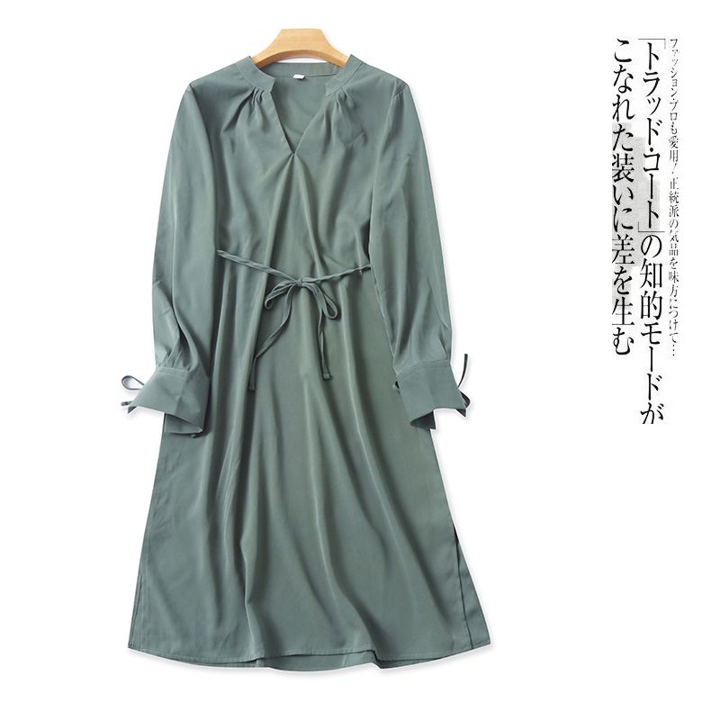 

Dress Spring and Summer New Foreign Trade Women s Clothing V Neck Pullover Long Sleeves Half Elastic Waistband Lace-up Slimming Midi Dress 30638 Dark green B- 16-20-3 S
