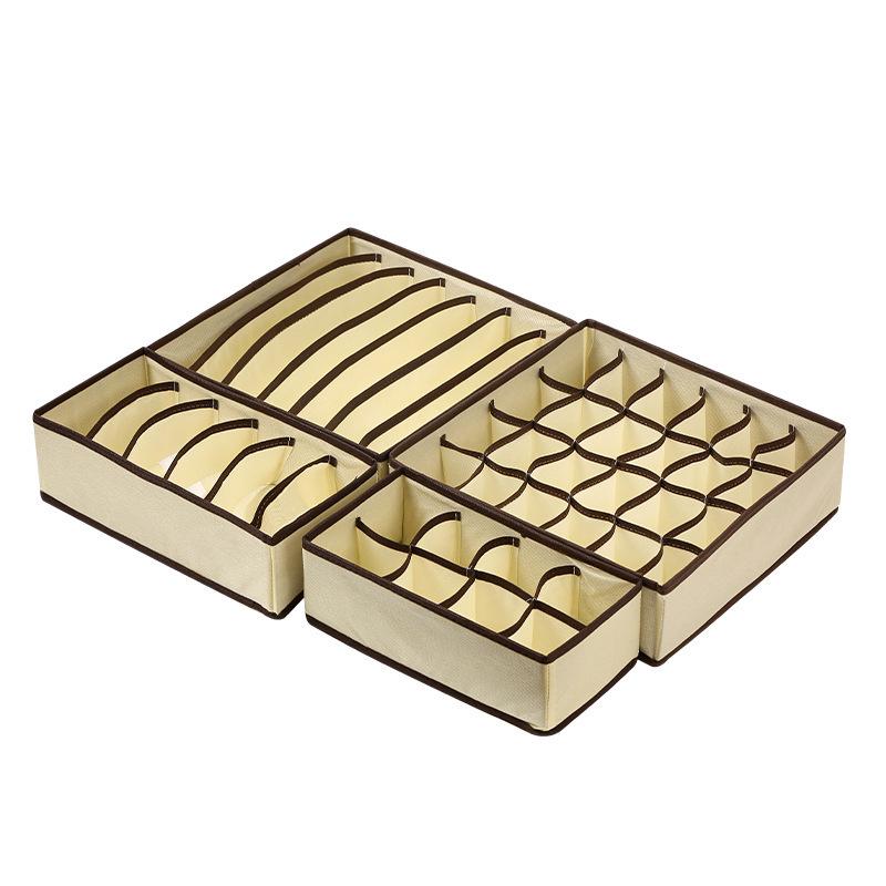 Beige & Rose Red 4-Piece Underwear Storage Set: Fabric Box for Socks & Bras with 6, 7, or 8 Grids.