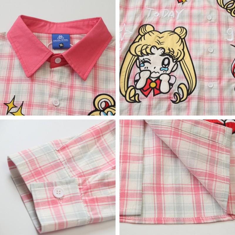 American Retro Pink Plaid Cartoon Embroidered Long Sleeve Shirt Loose Casual Top Men
