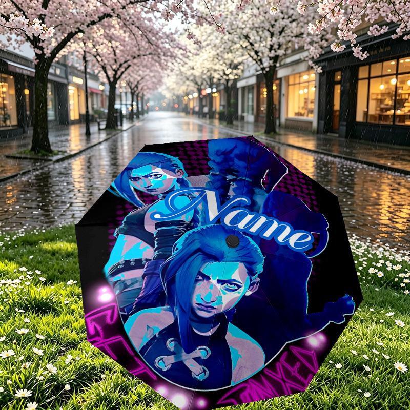 Custom Name Personalized Jinx Print Umbrella, Auto Open Close, 8‑Rib Sturdy Frame, Commute Camping Hiking Use, Birthday Gift