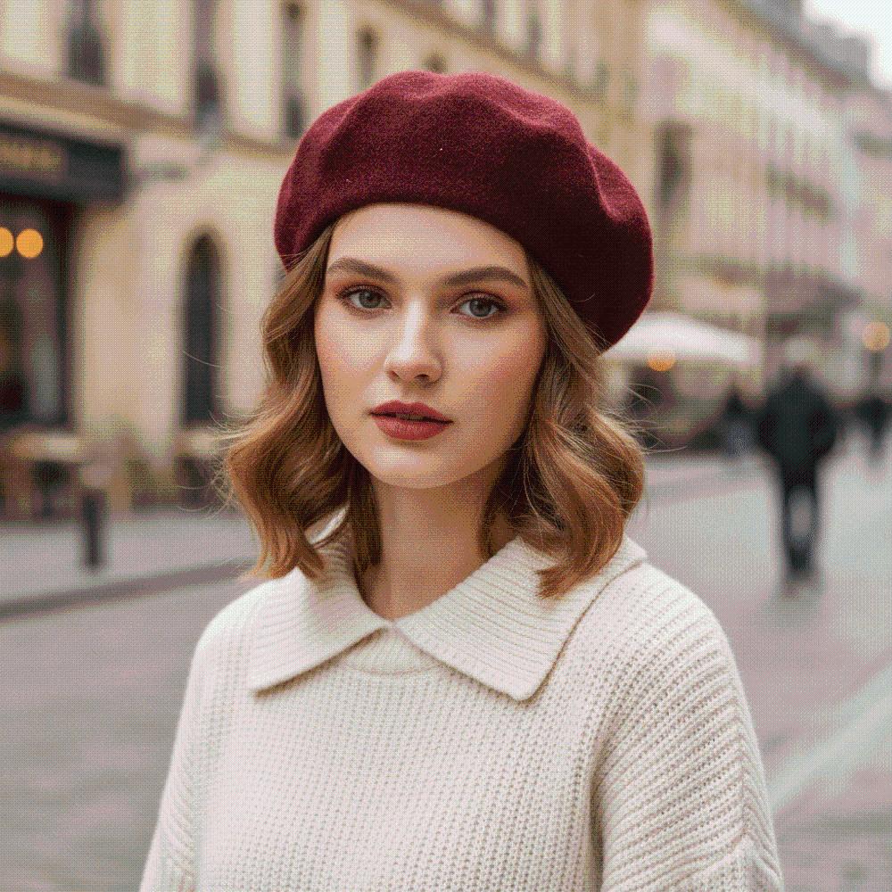 Fleece Lined Knit Beret Hat Elastic French Style Cap Thick Warm Bonnet Teens