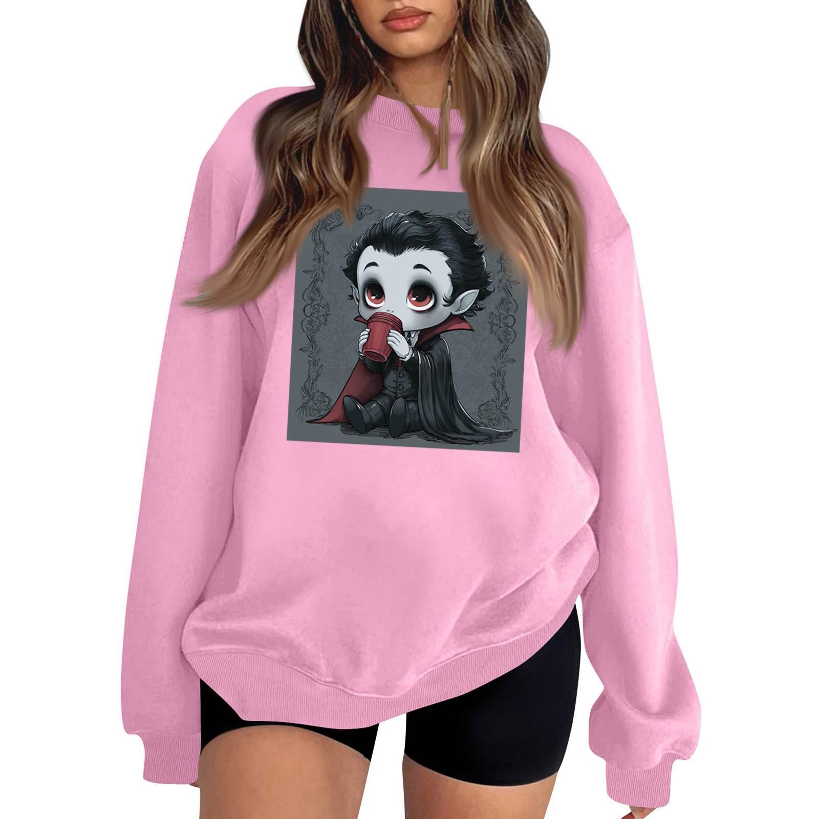 

Womens Fashion Tops Printed Casual Round Neck Long Sleeve Loose Pullover Shirts XXL розовый