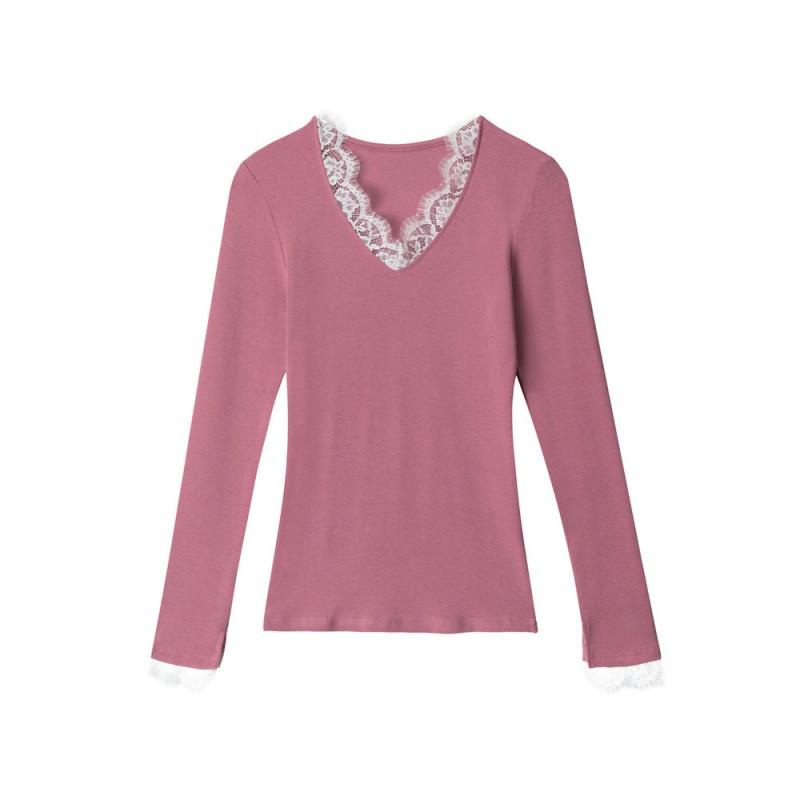 HeyHenry Womens Lace Trim V Neck Long Sleeve T Shirt Slim Fit Base Layer Top Fall