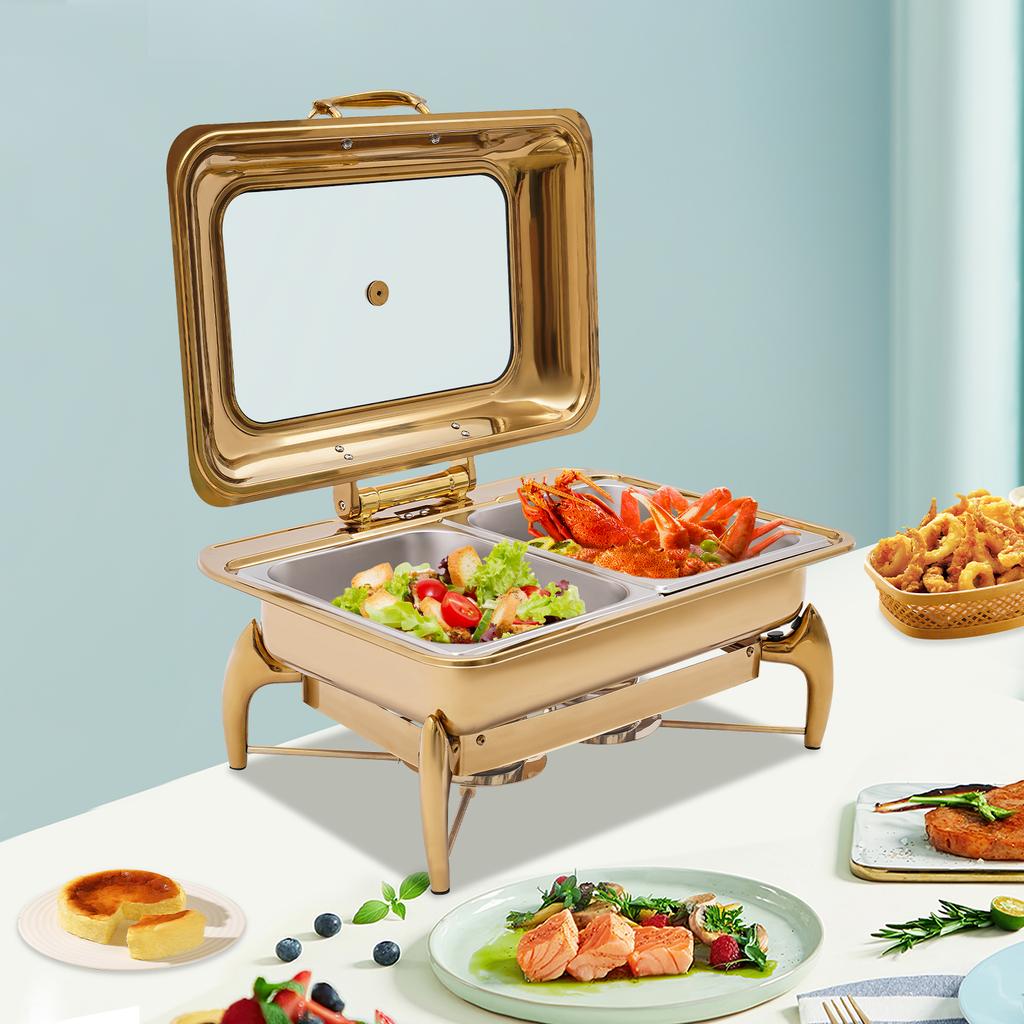 9L Gold Rectangle Dual Compartment Chafing Dish Buffet Set, Serving Plate for Kitchen & Dining - 90° Opening Angle, 58.5x44x30cm