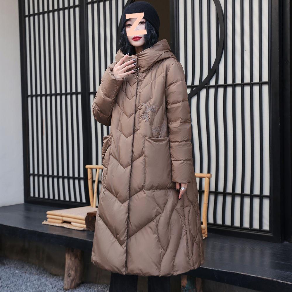 

Женская длинная ретро-пуховая куртка из белого утиного пуха - Толстая, с капюшоном, свободного кроя, теплая зимняя куртка, доступны большие размеры 2XL (suggested 160-190 jin)