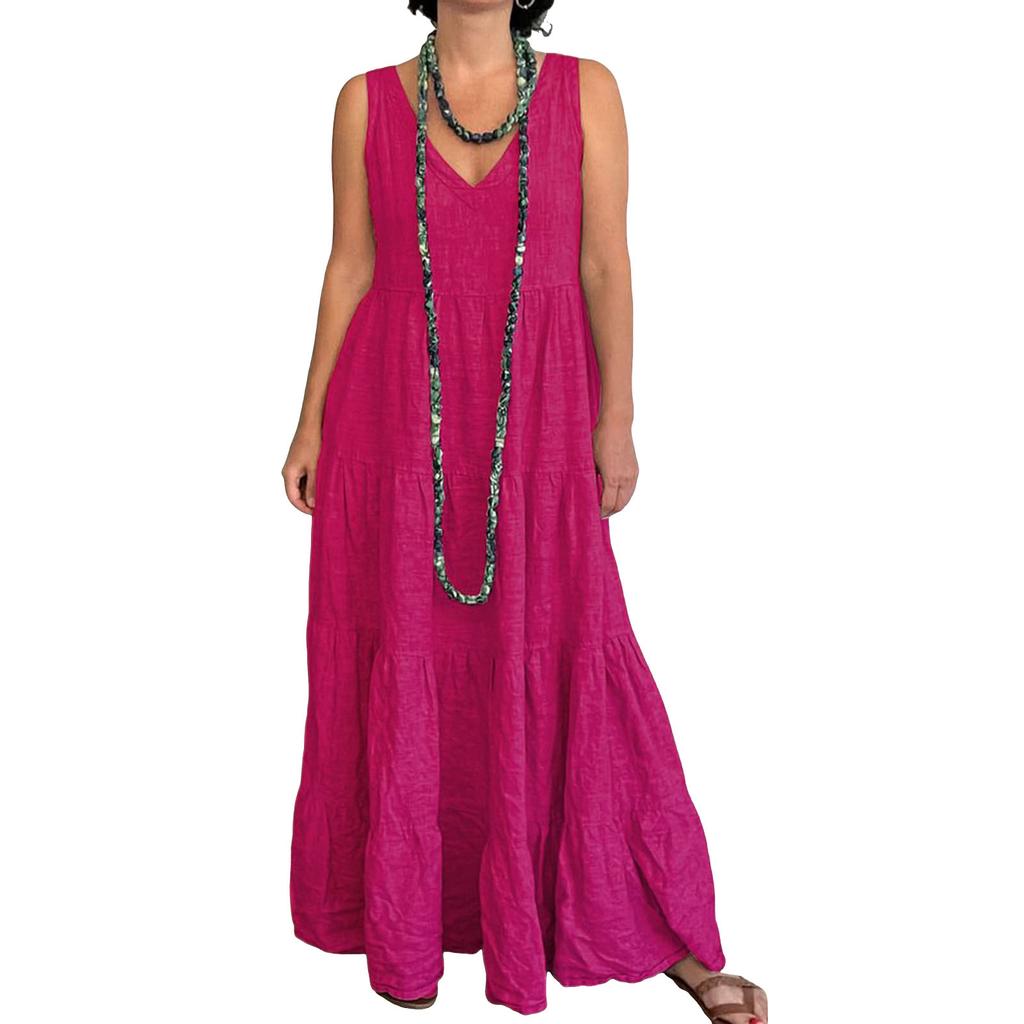 Women's Fashionable Loose-Fit Sleeveless Cotton-Linen Blend Shirt Dress