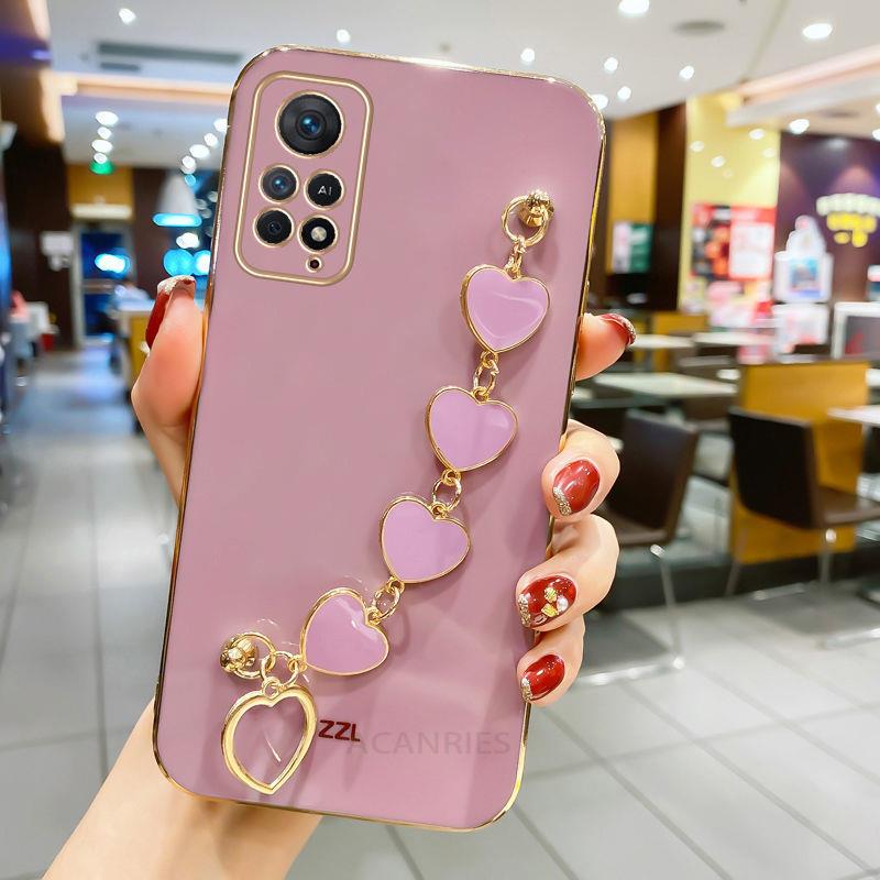 Luxury Plating Love Heart Bracelet Chain Case For Xiaomi Redmi Note 11 11pro 10 Pro 4g 5g Wrist Band Back Cover Note11 S 10s 11s