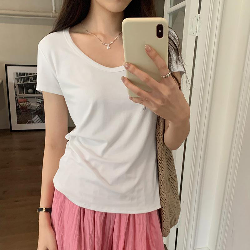 Selling Elastic U-neck Short-sleeved T-shirt for Women In Spring and Summer New Versatile Solid Color Shoulder Ins Trendy Casual