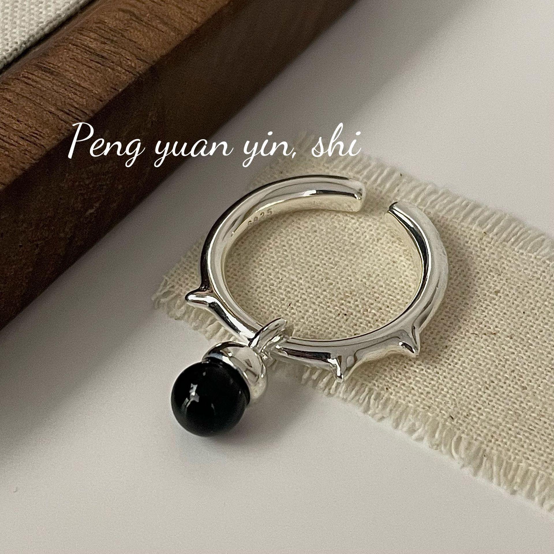 Серебряное черное кольцо с агатом для женщин, регулируемое Open Adjustable