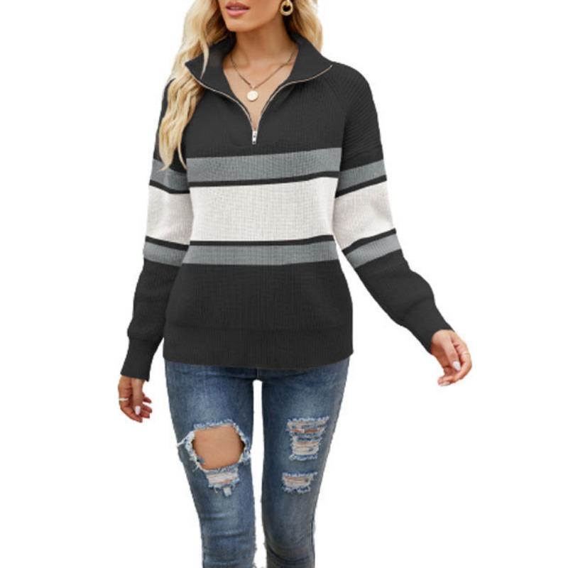 

Женский свитер с длинными рукавами и застежкой-молнией на лацканах, осенне-зимний, в полоску, с цветными блоками XL чёрный