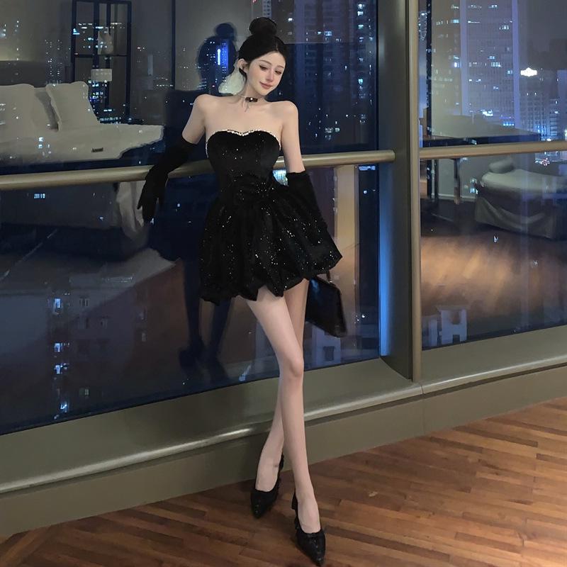 Elegant Off-Shoulder Princess Black Velvet Cinched Waist Dress with Puff Skirt