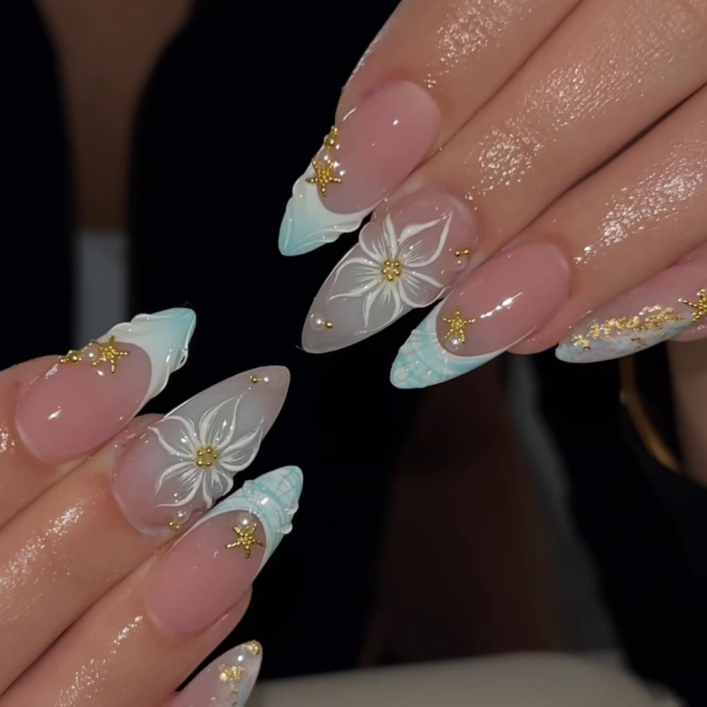 24Pcs French White Gradient Almond Press On Nails With 3D Rhinestone Flower Design Fake Nail Art Tips