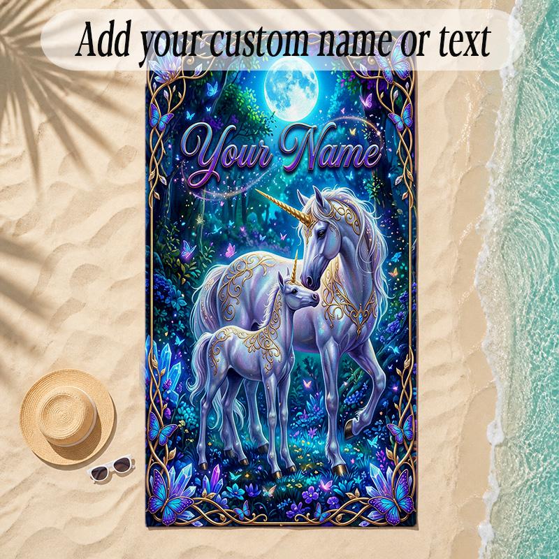Unicorn Theme Soft Beach Towel Personalized Custom Name Text Towel Portable for Beach Pool Travel