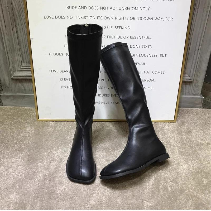 Fashion Street Style Stretch Women Knee High Boots Fashion Elegant Square Toe Shoes Women's Modern Flats Long Booties