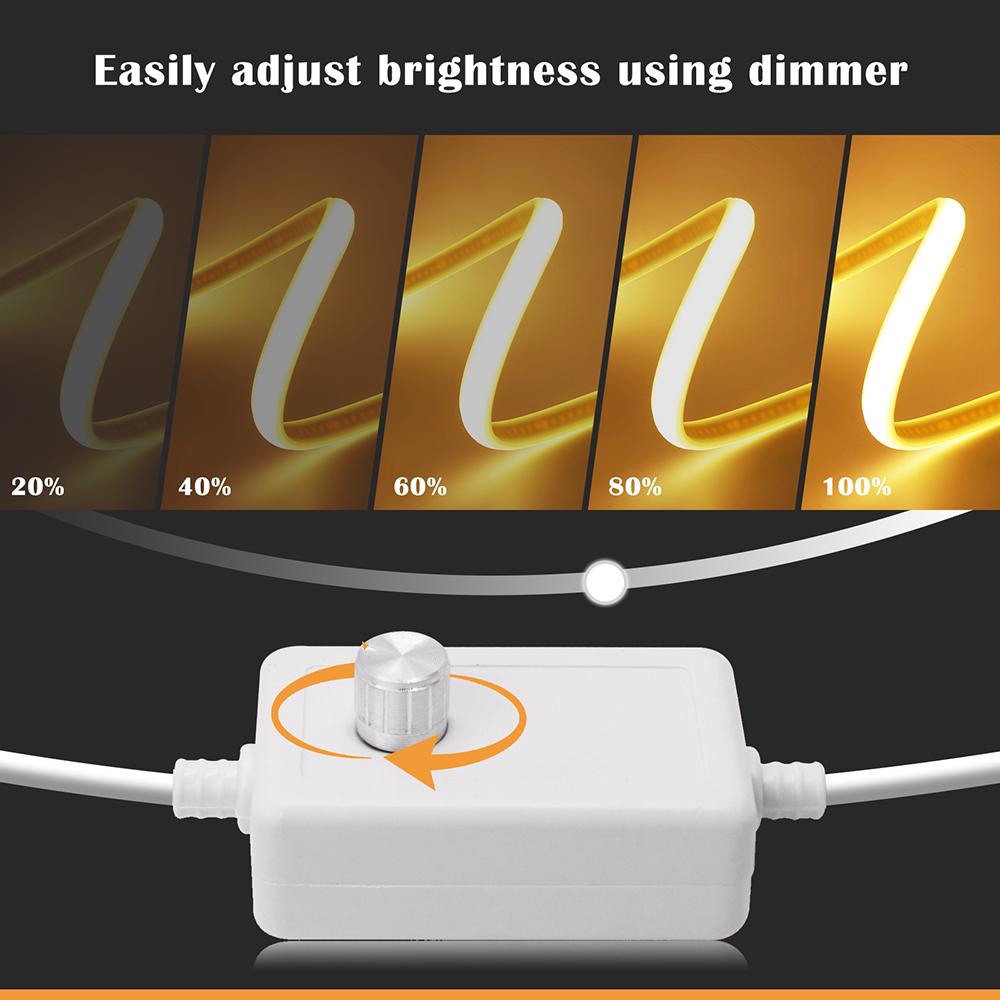 Dimmable 220V COB LED Neon Strip Light 288Leds/M With Switch/Dimmer EU Power Kit Flexible Tape Waterproof Lamp Garden Home Decor