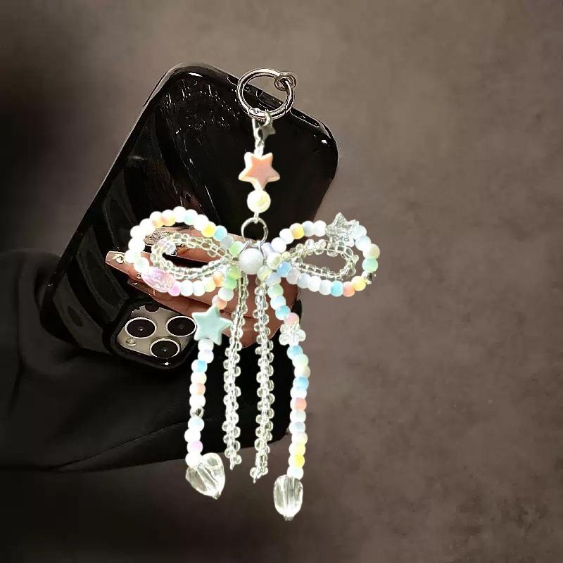 Sweet Color Beads Mobile Phone Chain Cute Bow Beaded Cellphone Pendant Charms Women Cell Phone Case Jewelry