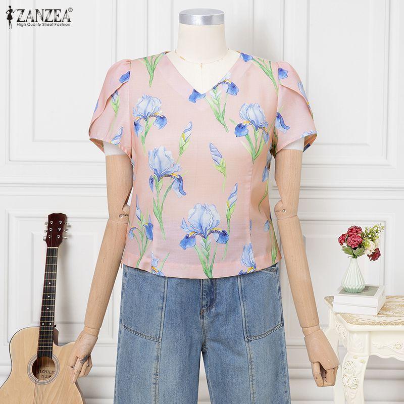ZANZEA Women Casual V-Neck Short Sleeve Print Blouse
